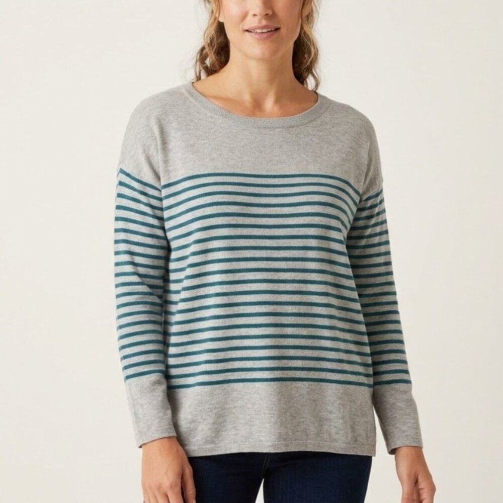 Joie Nautical M Gray & Teal Striped Wool Cashmere Long Sleeve Scoop Neck Top